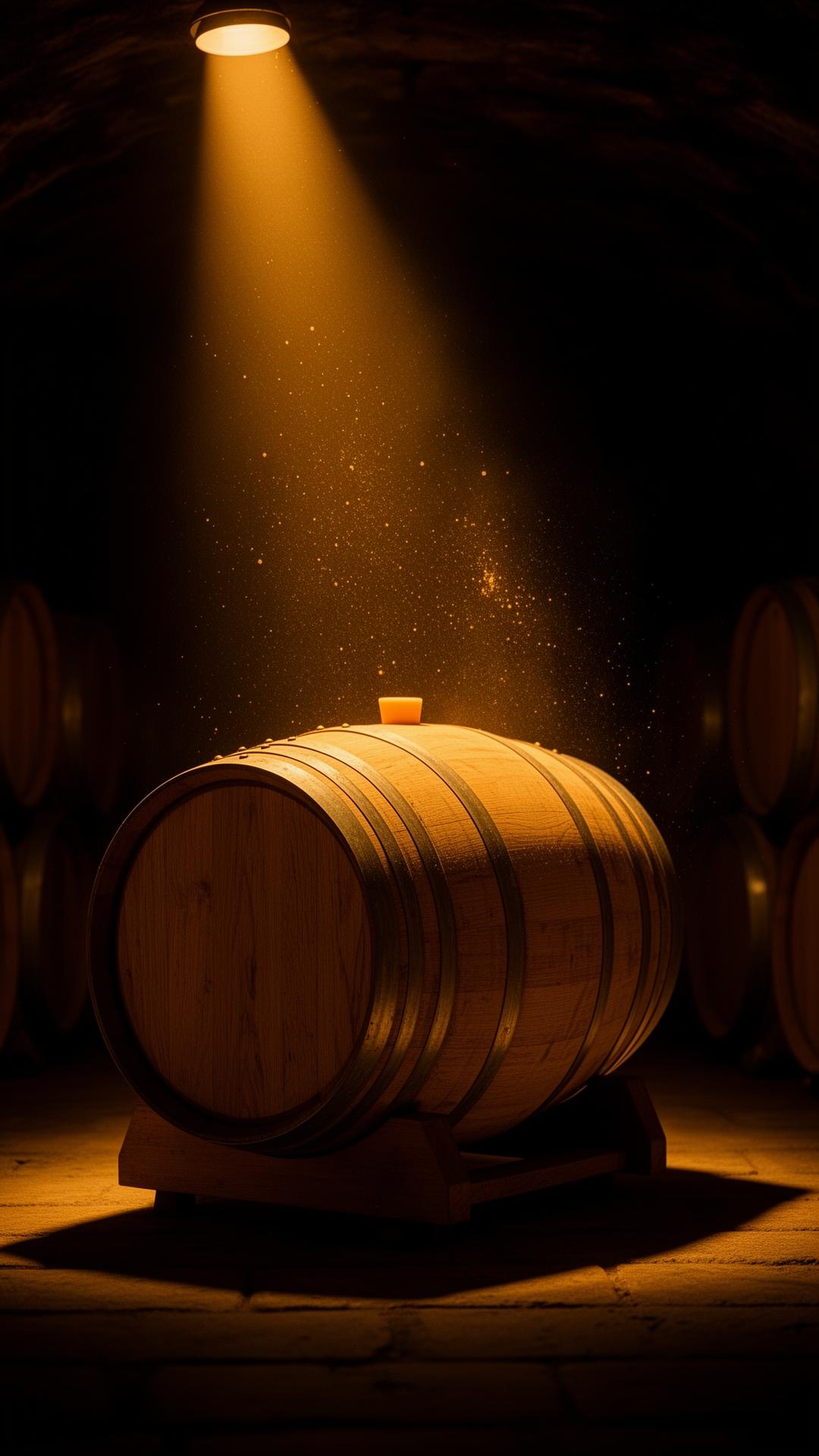 A single oak barrel glowing under a beam of amber cellar light