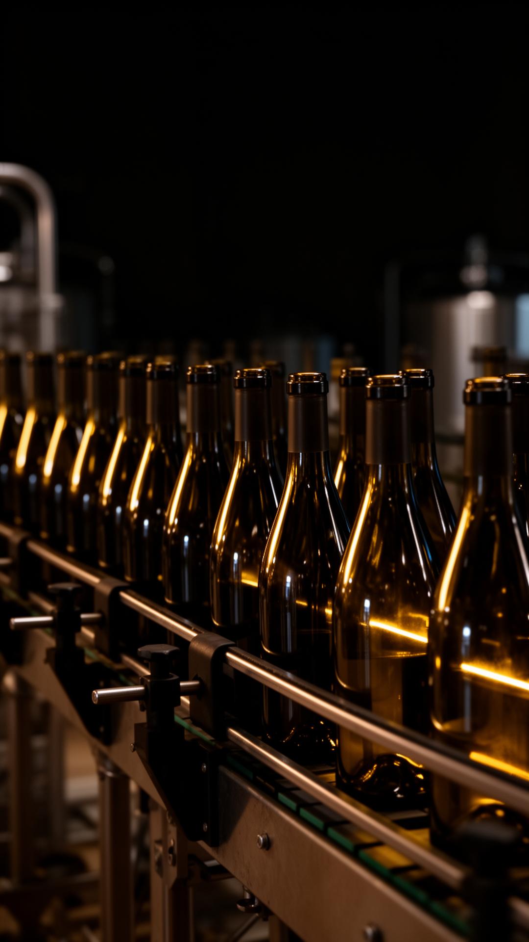 Glass wine bottles moving along a bottling line at night