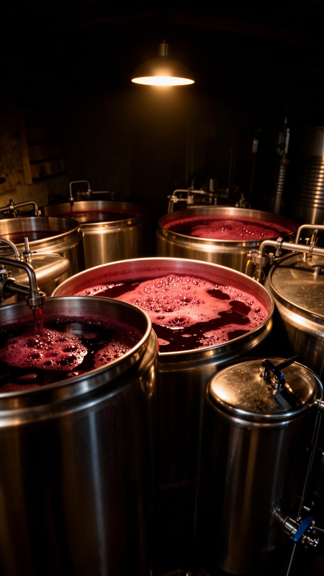 Open top fermenters bubbling under a single warm light in a dark winery