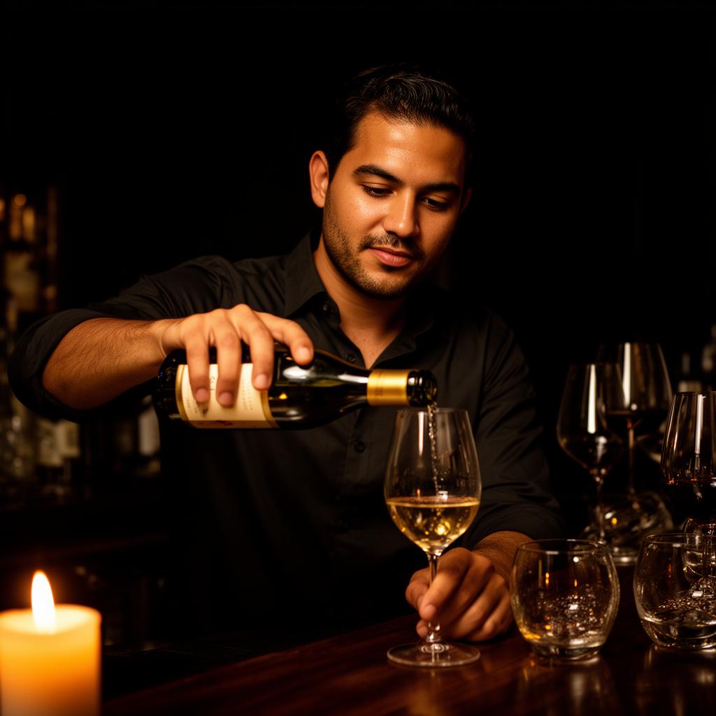 Editorial portrait of a first generation winemaker pouring wine at a candlelit bar