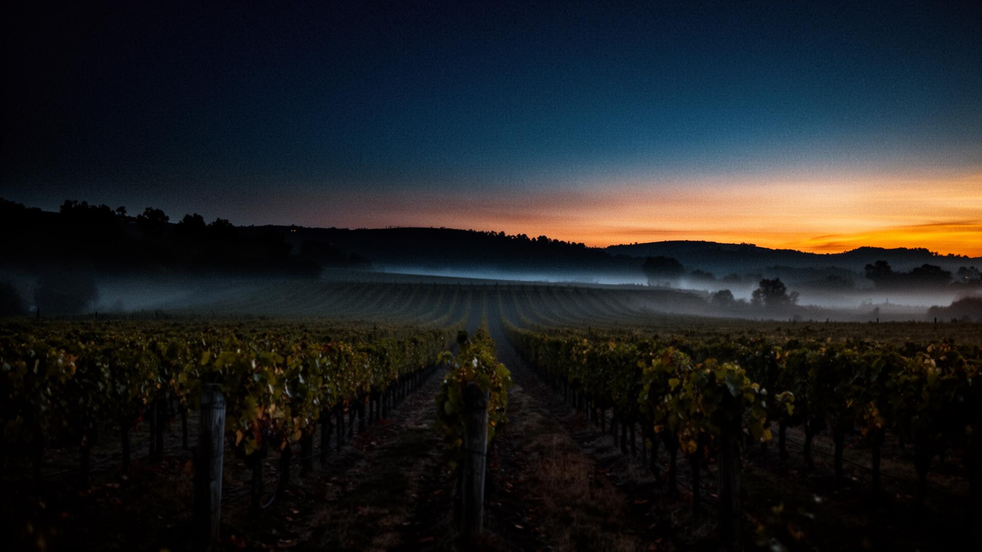 A misty vineyard at dusk, last warm glow on the horizon, rows of vines disappearing into the dark