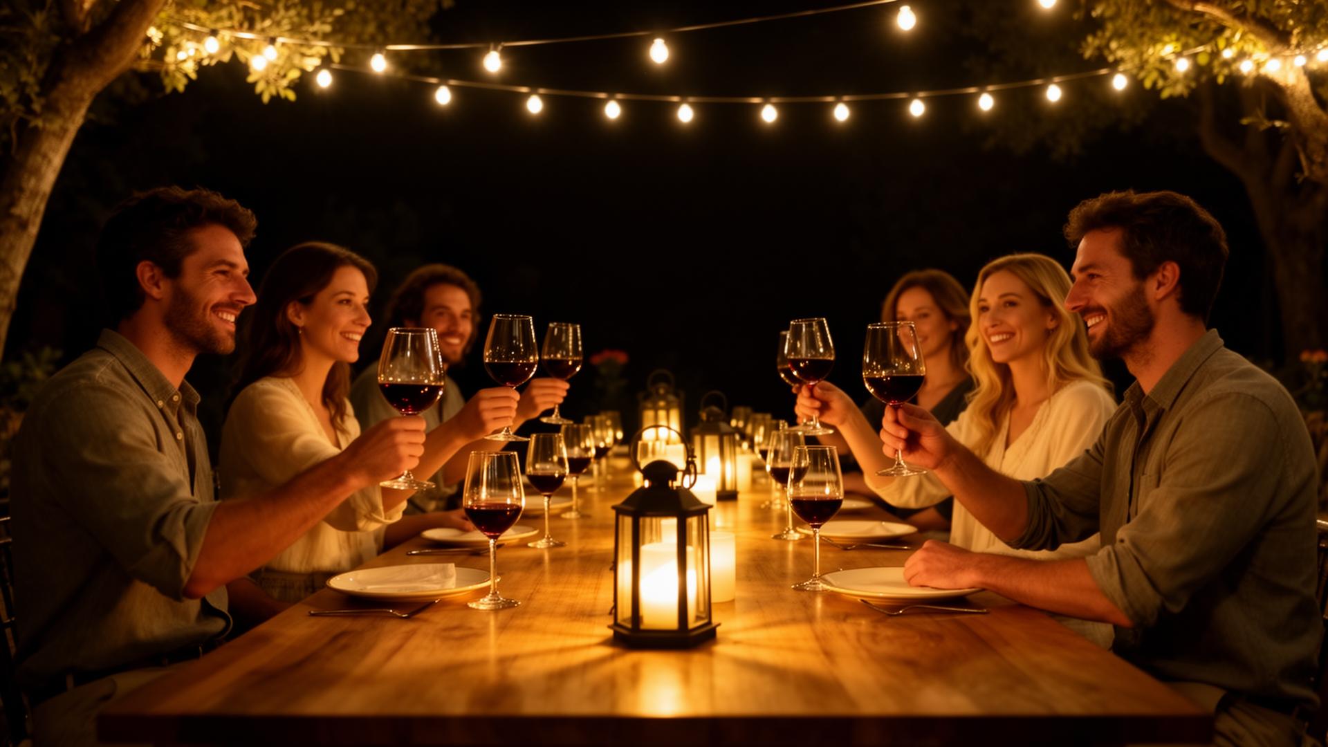 An outdoor candlelit wine tasting at night, friends raising glasses of red wine around a long wood table under string lights